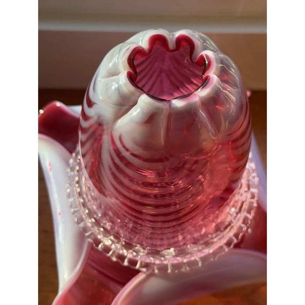Fenton Fairy Lamp 3 Piece Cranberry Opalescent Swirl Drapery Pattern Candle